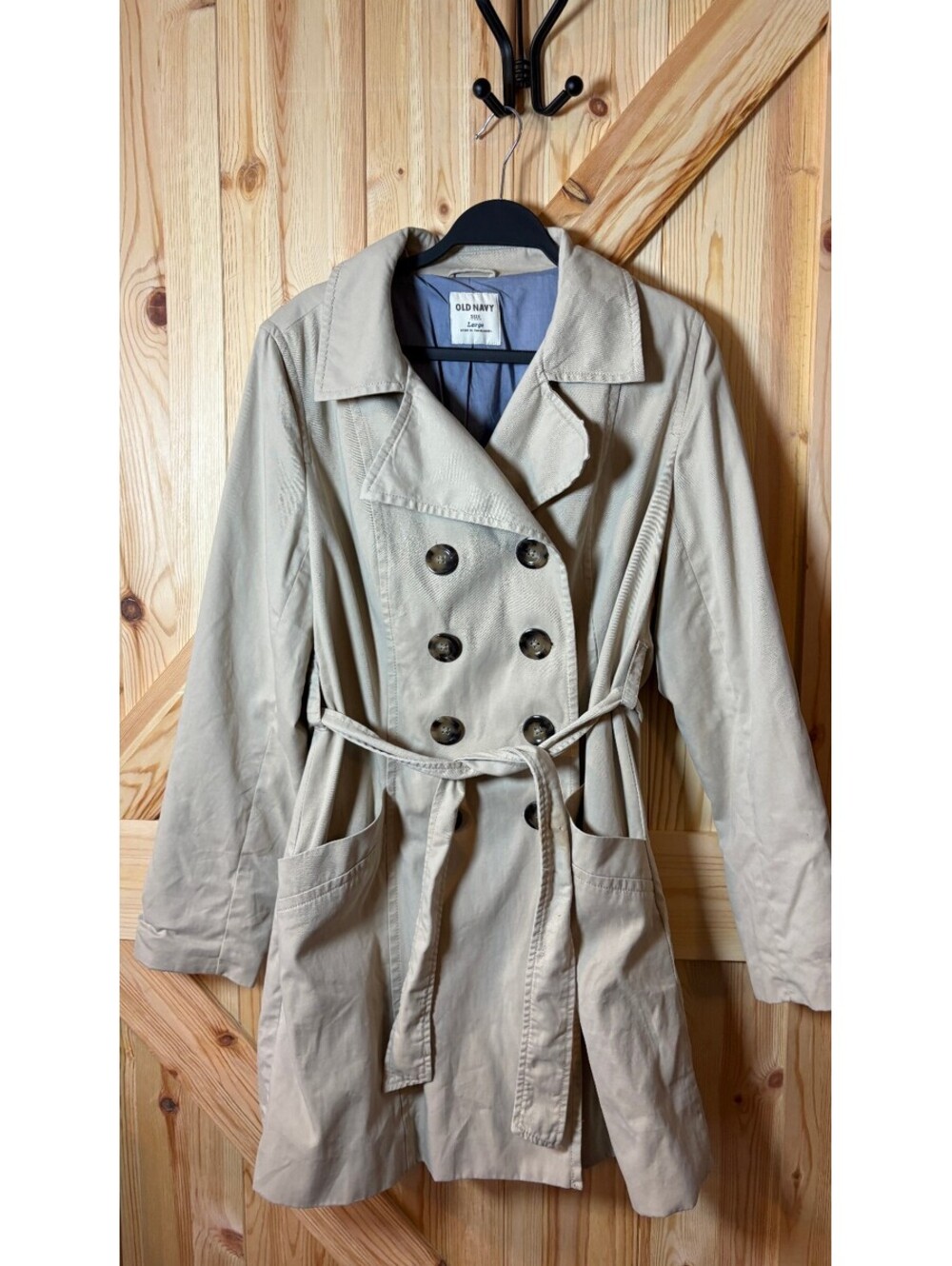 Old Navy Beige Double-Breasted Trench Coat Large 100% Cotton